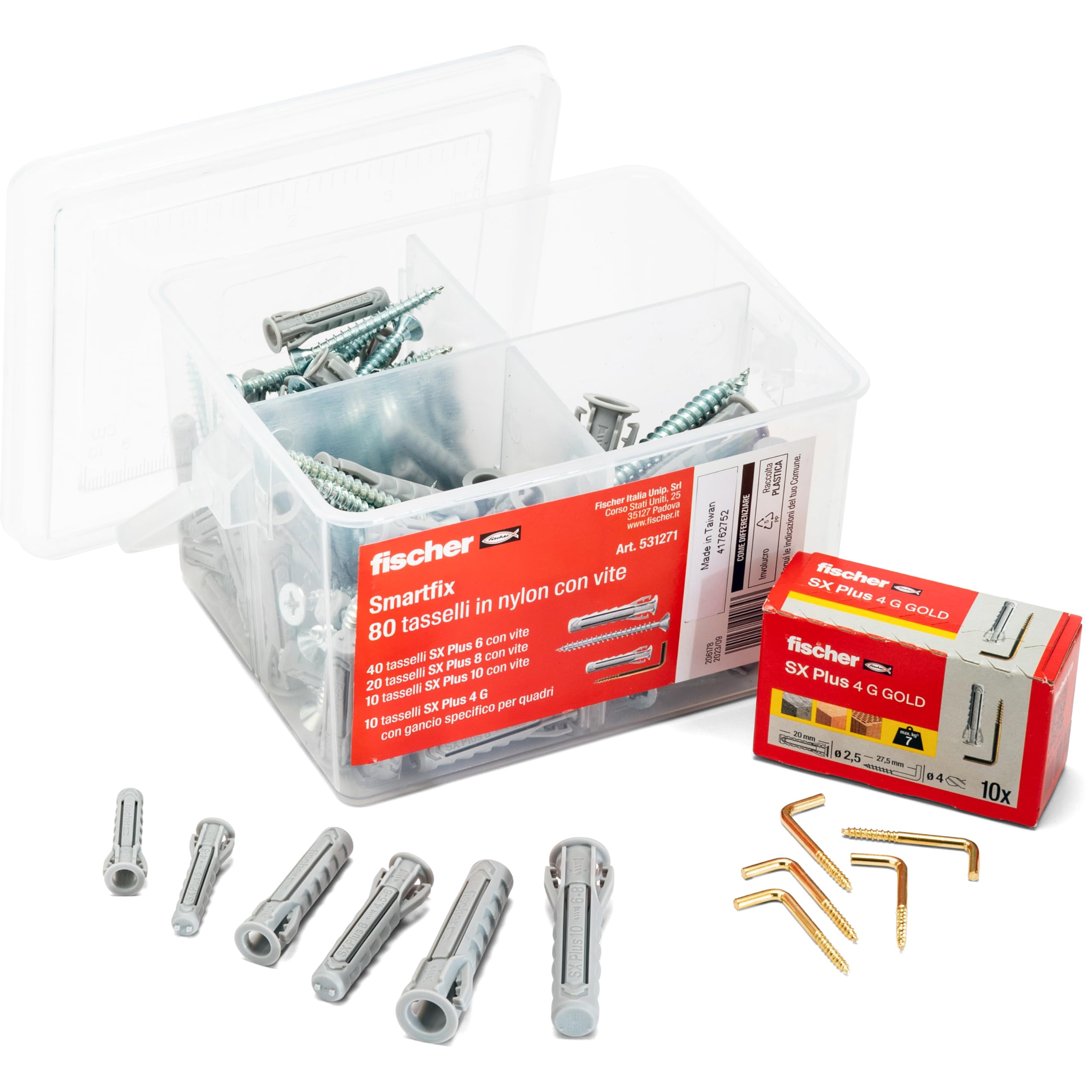 Fischer 531271 Kit Smartfix Box with Screw Anchors with Hook for Murature Full and Pierced, Grey, Set of 80 Pieces
