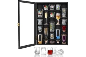 Black Shot Glass Display Case Wall Mounted, Irregular Shot Glass Holder with Door, Shot Glass Storage for Home and Bar Decor