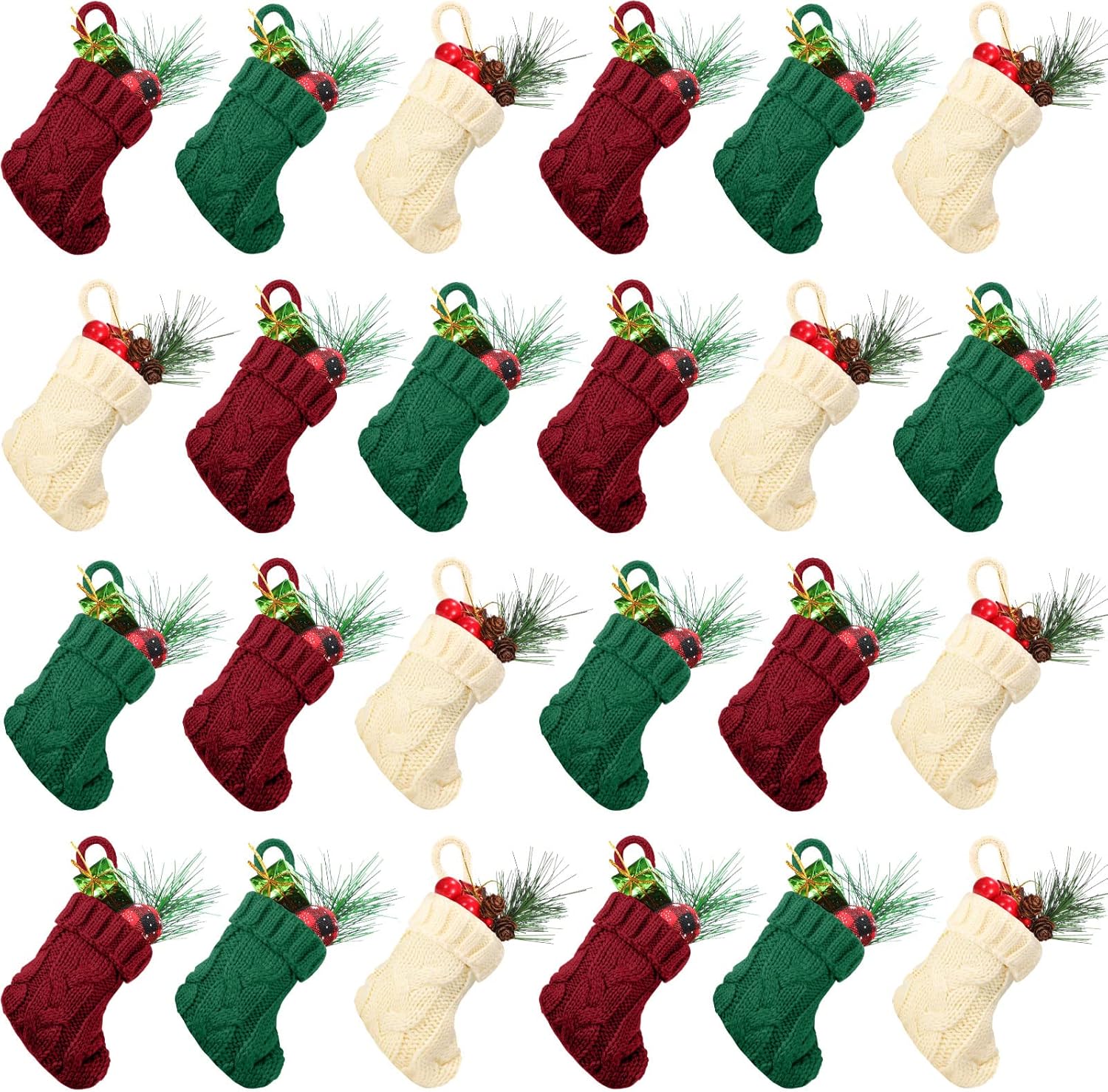 Stockings & Holders - 24 Pcs Christmas Knitted Stockings 3.94 Inch Mini Knit Xmas Stocking Bulk Rustic Little Christmas Stockings Small Christmas Tree Ornaments for Party Holiday Family Home Decor (Wine Red, Beige, Green)