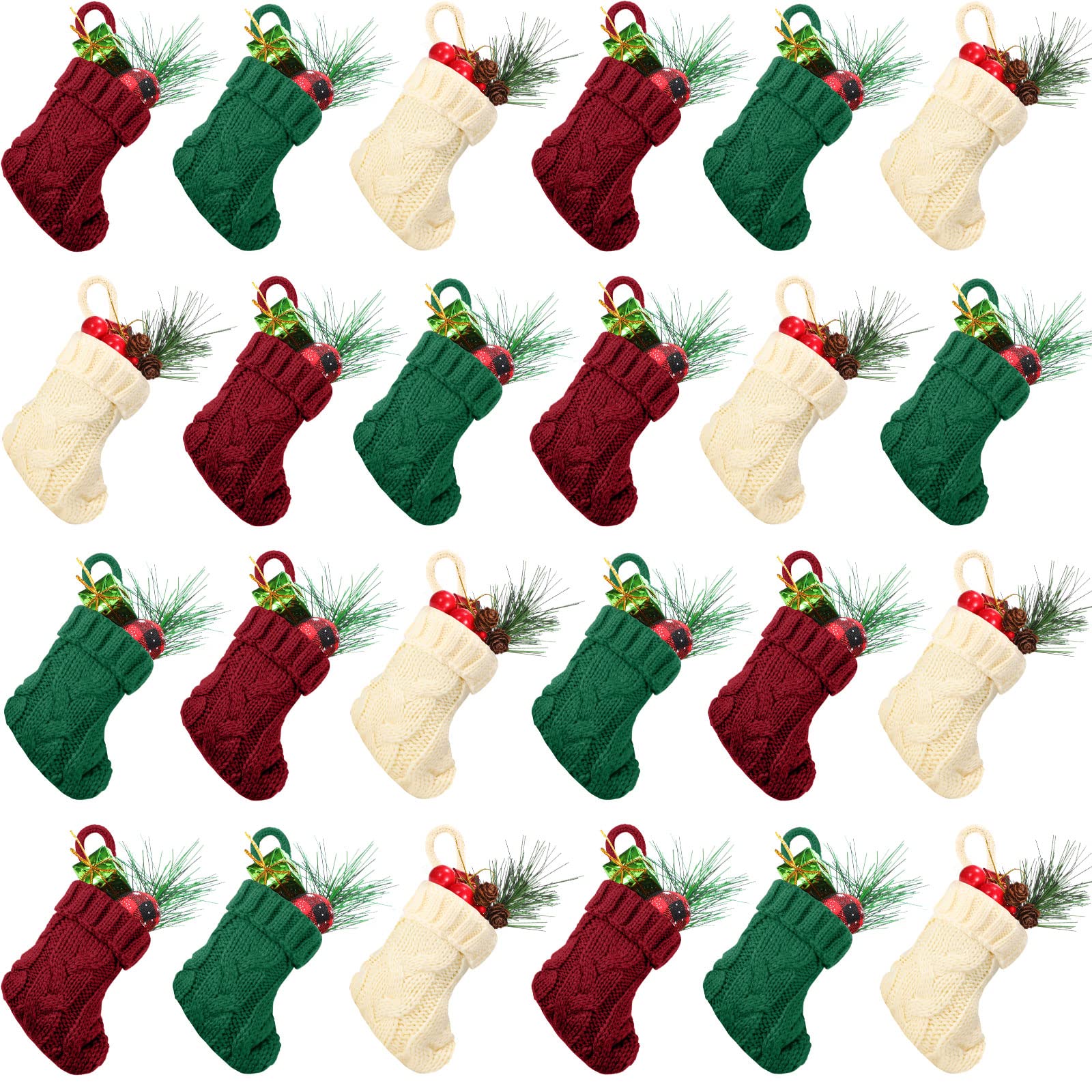 Photo 1 of Jerify 24 Pcs Mini Christmas Stockings 3.94 Inch Knitted Stocking Small Xmas Christmas Hanging Stocking Little Rustic Christmas Tree Ornaments for Home Party Holiday Decor (Wine Red, Beige, Green)