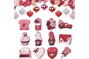 HIAGROW Valentines Day Tree Decorations Set, 24Pcs Wooden Hanging Ornaments and 20Pcs Red Pink Silver Heart Shaped Ornaments, Gnome Truck Love Pendant for DIY Crafts Party Decor