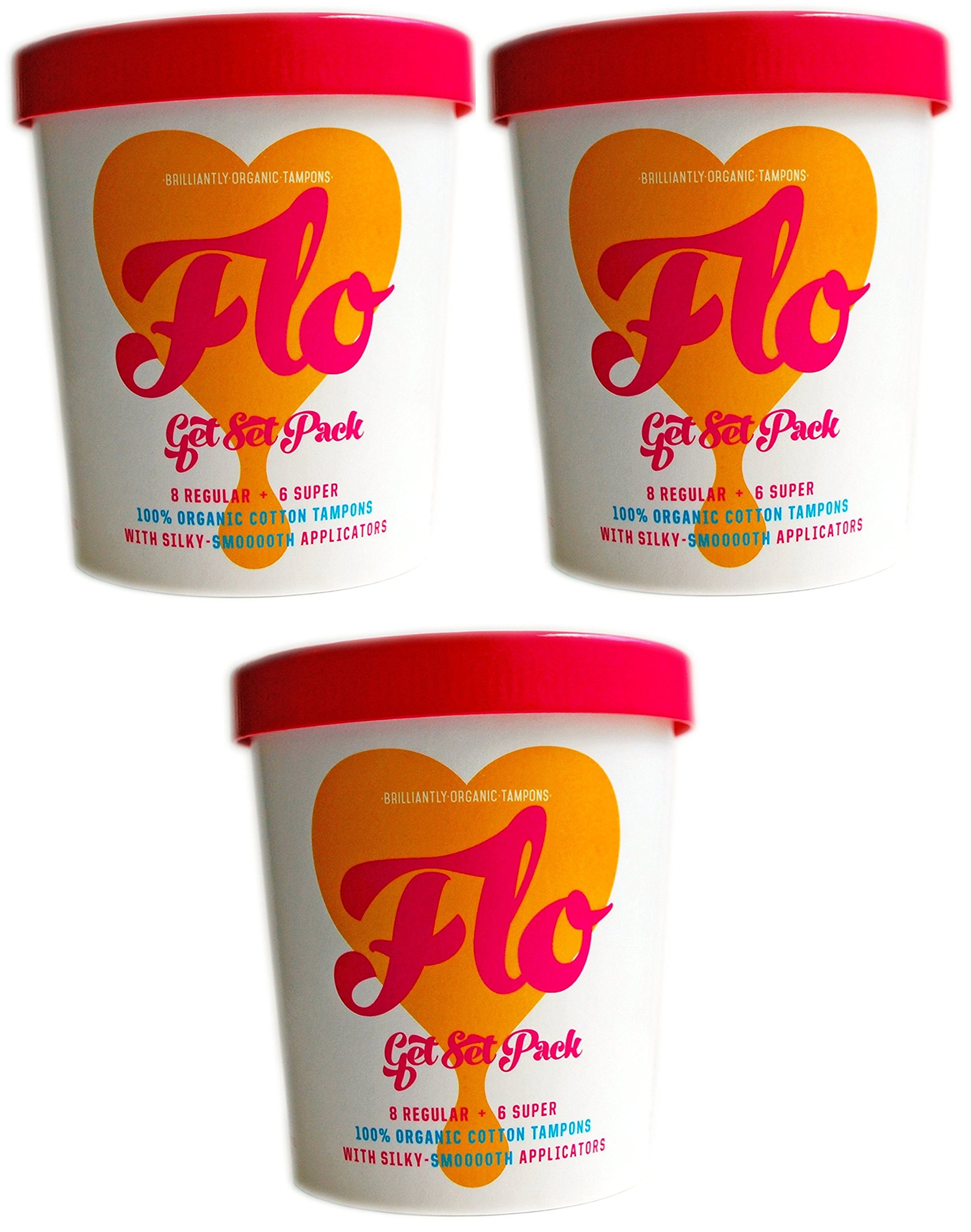 PACK OF 3 FLO Organic Tampons - Soft Compact Applicators, Combo Pack (14 Tampons: 8 Regular + 6 Super)