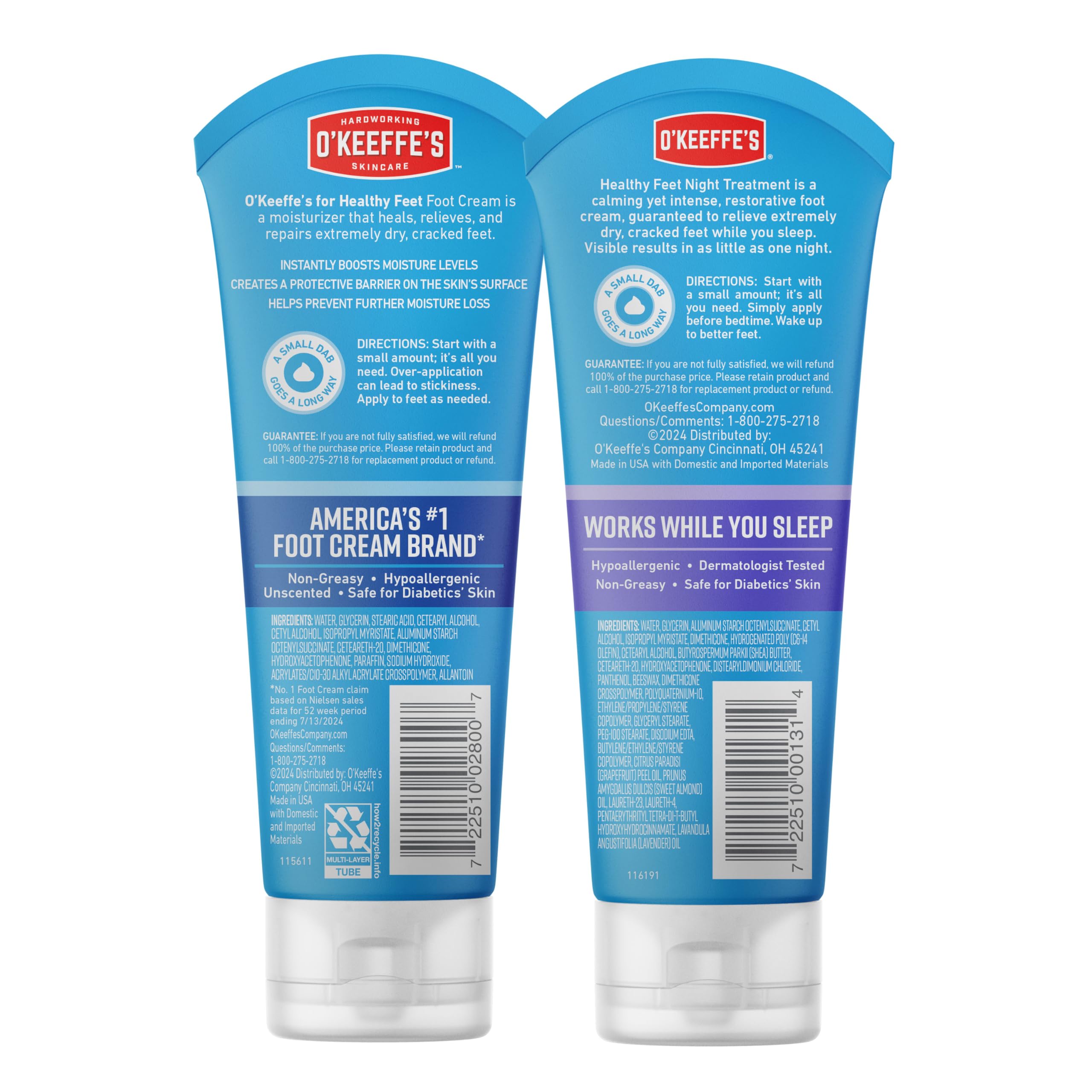 O'Keeffe's for Healthy Feet Foot Cream; 3.0 Ounce Tube and O'Keeffe's for Healthy Feet Night Treatment Foot Cream; 3.0 Ounce Tube; Relieves Extremely Dry; Cracked Feet