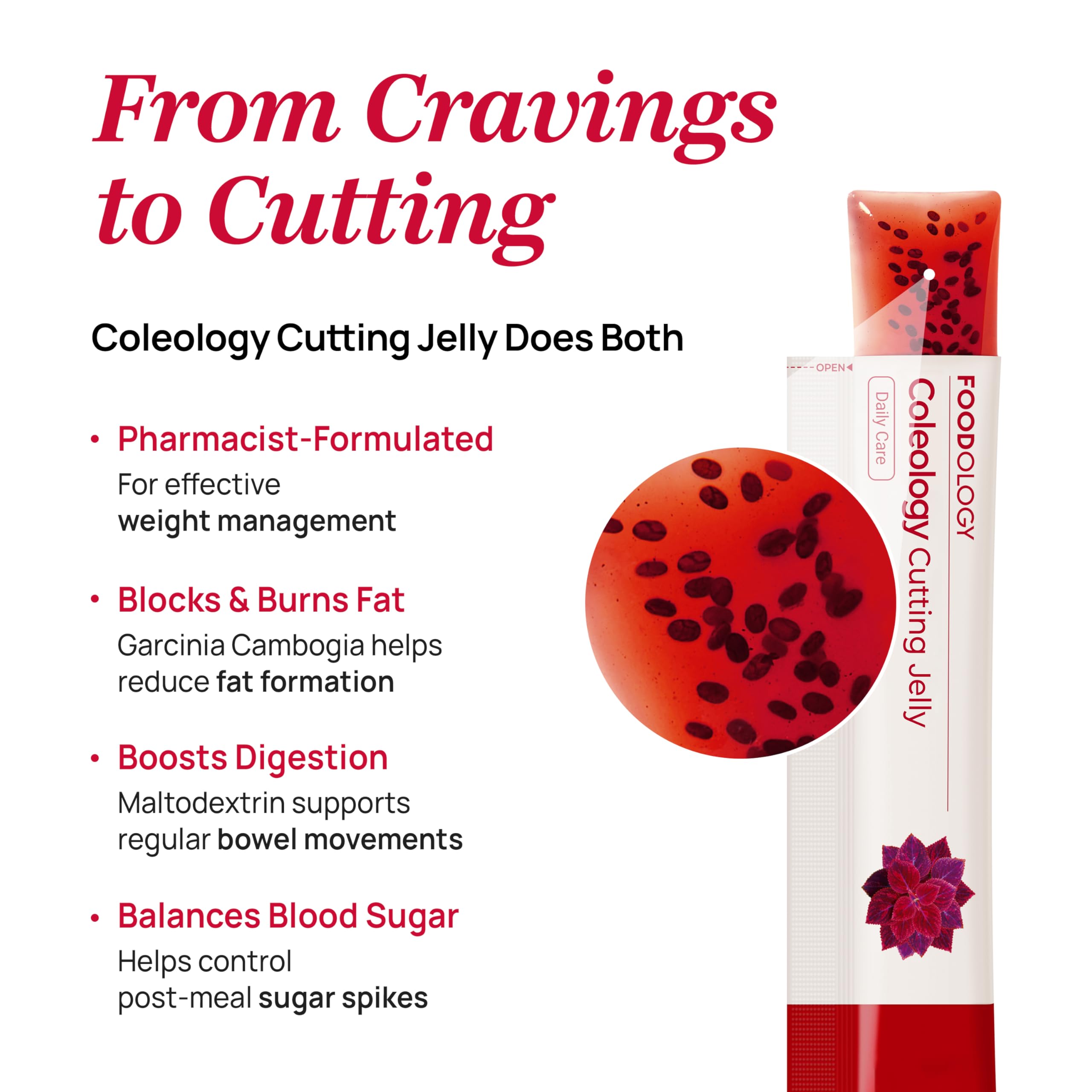 FOODOLOGY Coleology Cutting Stick Jelly – Supports Appetite Suppressant, Boost Metabolism & Control Cravings, Garcinia Cambogia HCA, Chia Seeds, Pomegranate Flavor Korean Supplement – 10 Sachets