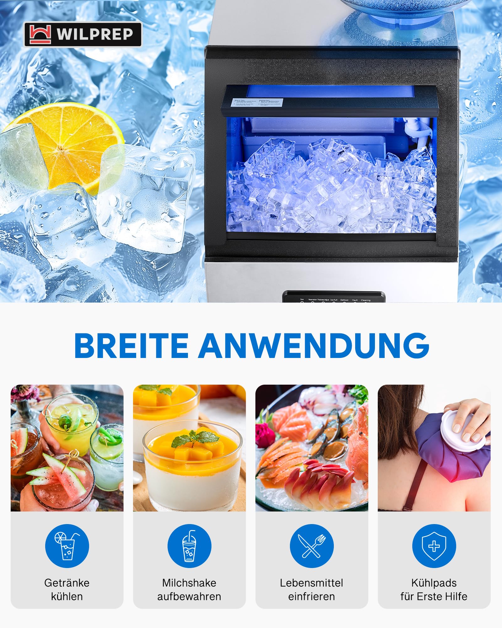 Wilprep Kommerzielle Eiswürfelmaschine 59kg/24H Eismaschine mit LCD-Bildschirm Eismaschine aus Edelstahl für Büro, Restaurant, Bar, Café 2