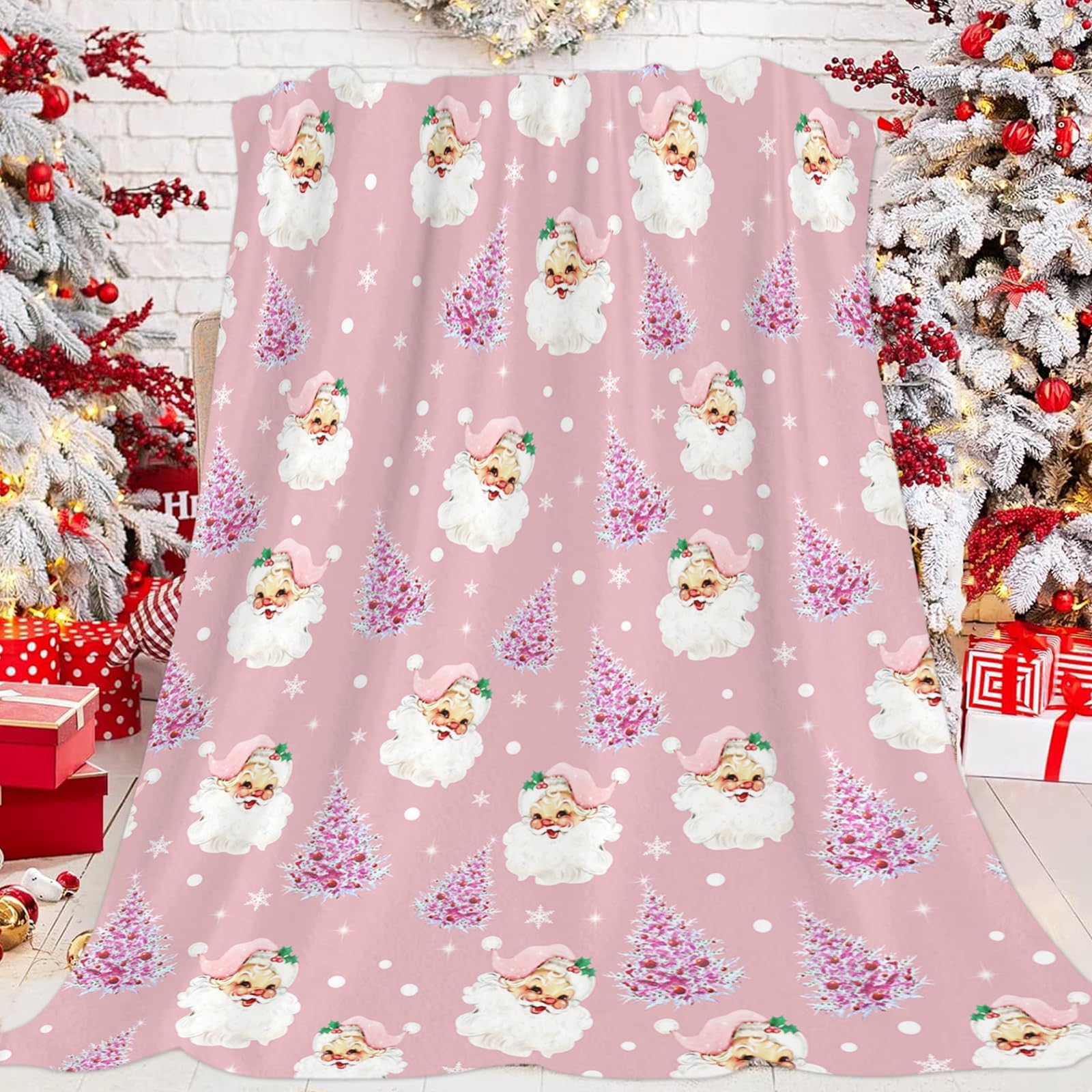 JOOCAR Pink Christmas Throw Blanket Santa Claus Merry Christmas Happy New Year Blanket Cozy Soft Lightweight Flannel Plush Blankets for Bed Couch Living Room Sofa Chair,40x50 Inch
