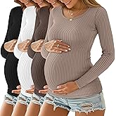 Oakgarden 4 Pack Women's Ribbed Maternity Shirts, Scoop Neck Long Sleeve Knit Pregnancy Tops Slim Basic Tee Clothes