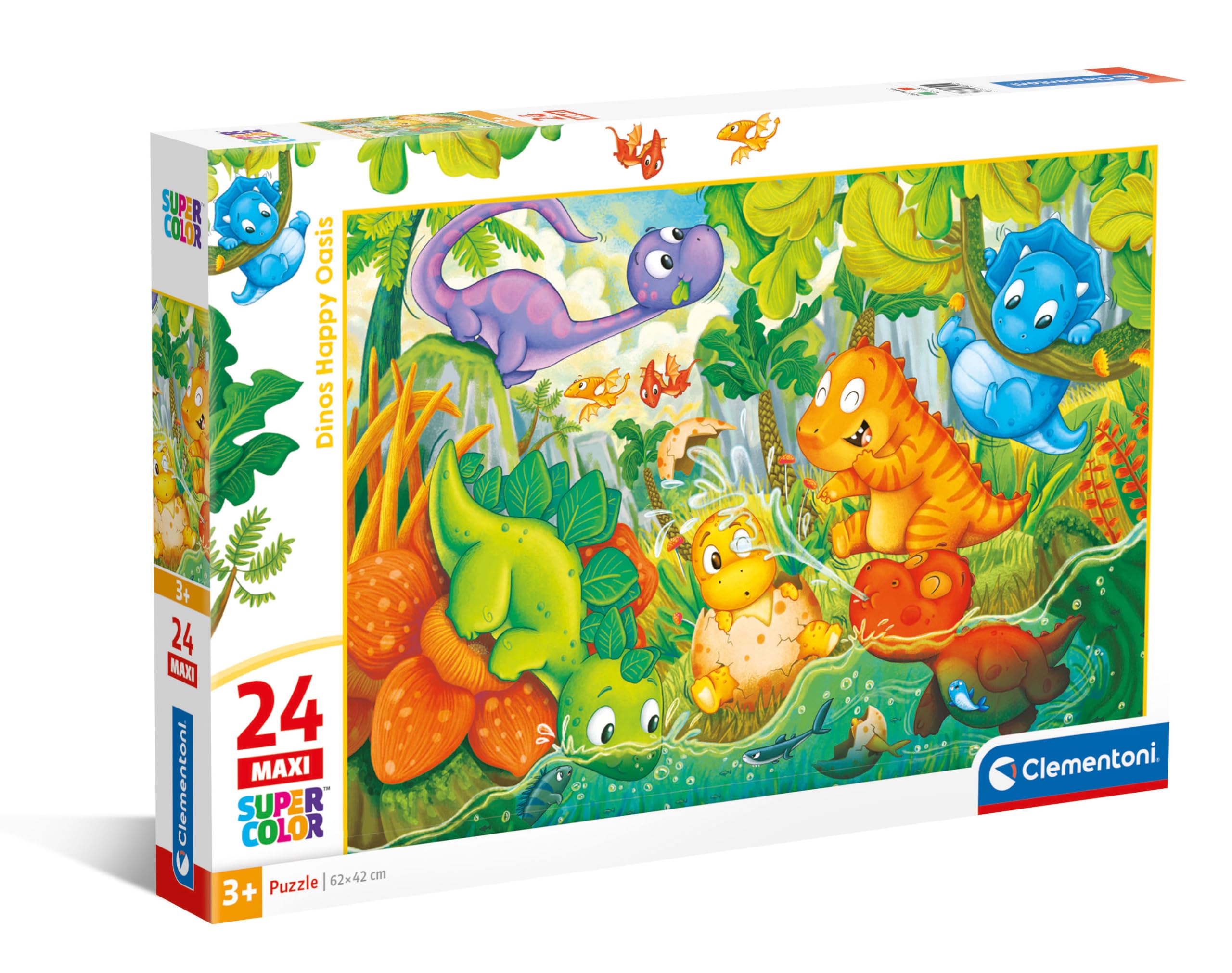 Clementoni Jigsaw Puzzle Dinos Happy Oasis 24 Maxi Pieces - Supercolor Puzzle For Children 3-5 Years, Cartoon, Dinosaurs, Gift For Boy/Girls, Puzzle For Kids, Made In Italy, 28524