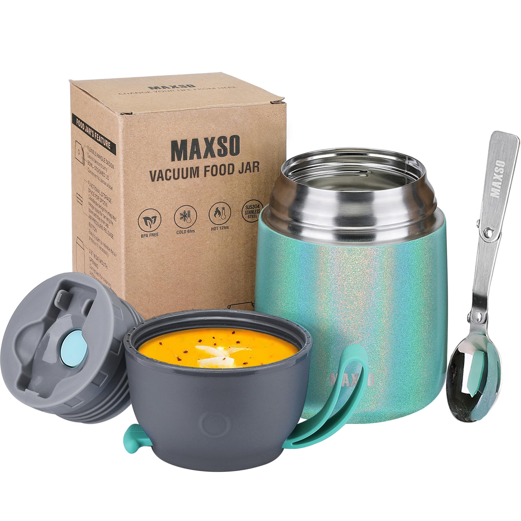 Photo 1 of Insulated Food Jar for Hot & Cold Food for Kids Adult,17 oz Soup Thermo Hot Food Containers for Lunch, Triple Layer Insulation Stainless Steel Food Jar with Spoon (GPeacock)