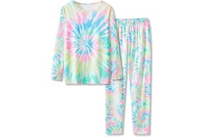 Topgal Little & Big Girls Long Sleeves & Pants Tie Dye Tropical Flowers Leaves Pajamas Kids PJ Set Sleepwear Size 6-18