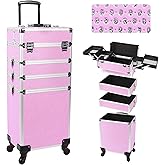 CHUANGJIN Professional Rolling Makeup Case with Wheels, 5-in-1 Makeup Train Case, Cosmetic Makeup Trolley Cart Travel Cosmetology Case On Wheels with Key for Hairstylists, Nail Tech (Pink Crystal)