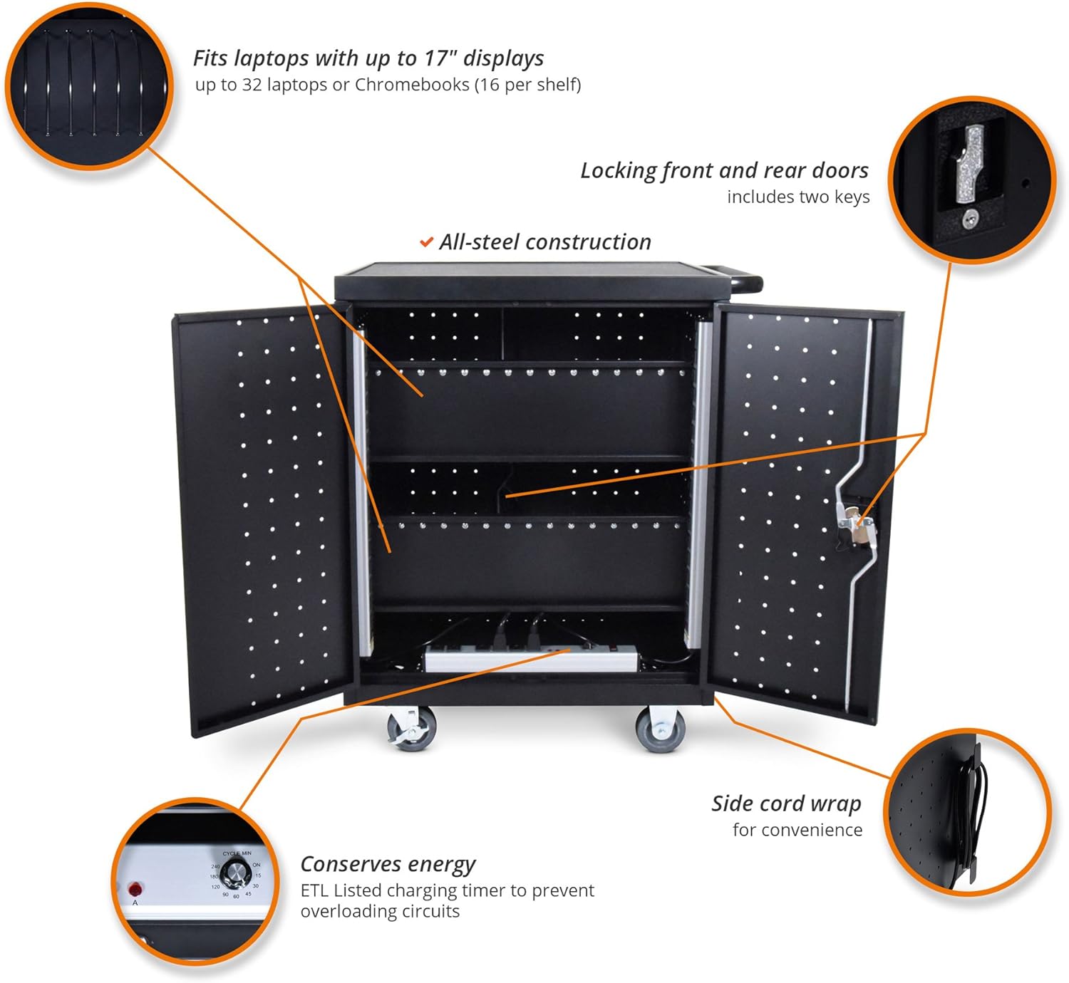 Line Leader 32 Device Charging Cart, Mobile Lab Holds 32 Tablets, Chromebooks or Laptops with up to 15.6 Inch Display, Built in Cord Management, Locking Cabinet, Comes Fully Assembled : Office Products