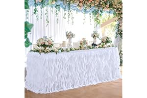 Partisky White Tulle Curly Willow Table Skirt for Rectangle Table 6ft, Ruffle Tutu Table Cloth for Wedding,Bridal Shower, Baby Shower,Birthday Party