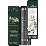 Faber-Castell 5 Piece Quality Water-Soluble Graphite Aquarelle Pencils in a Tin, Including HB, 2B, 4B, 6B and 8B, Grey