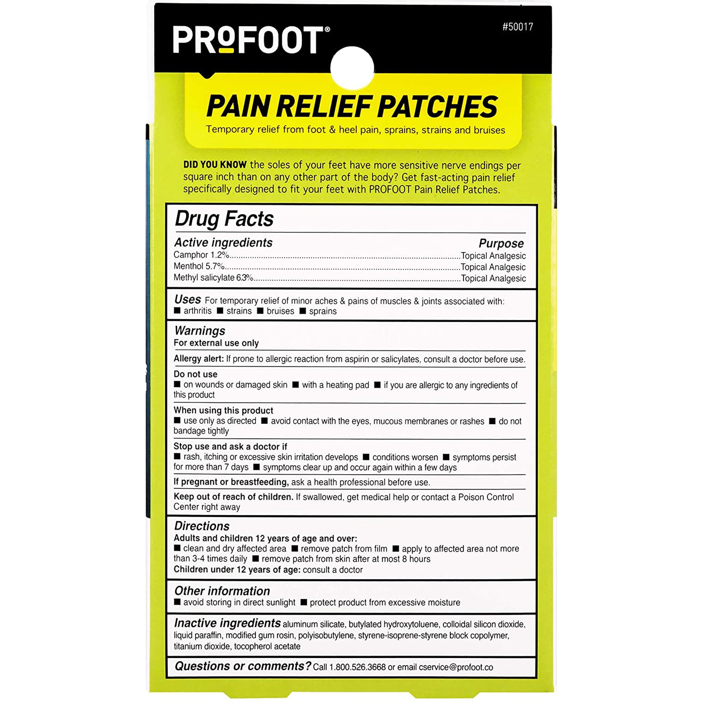 PROFOOT Pain Relief Patches for Foot & Heel Pain - 6 Count - Up to 8 Hours Relief from Sprains, Strains & Bruises