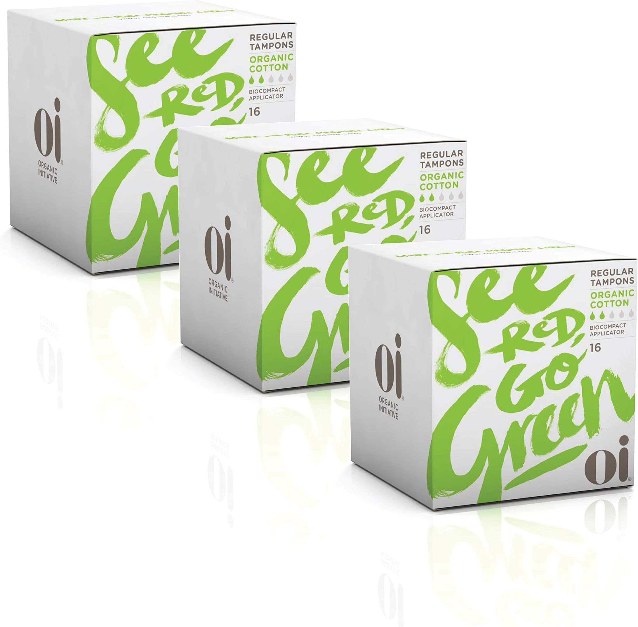 Oi Certified Organic Cotton Tampons, 3 Boxes of 16 Regular Tampons, Compact Plant-Based Applicator