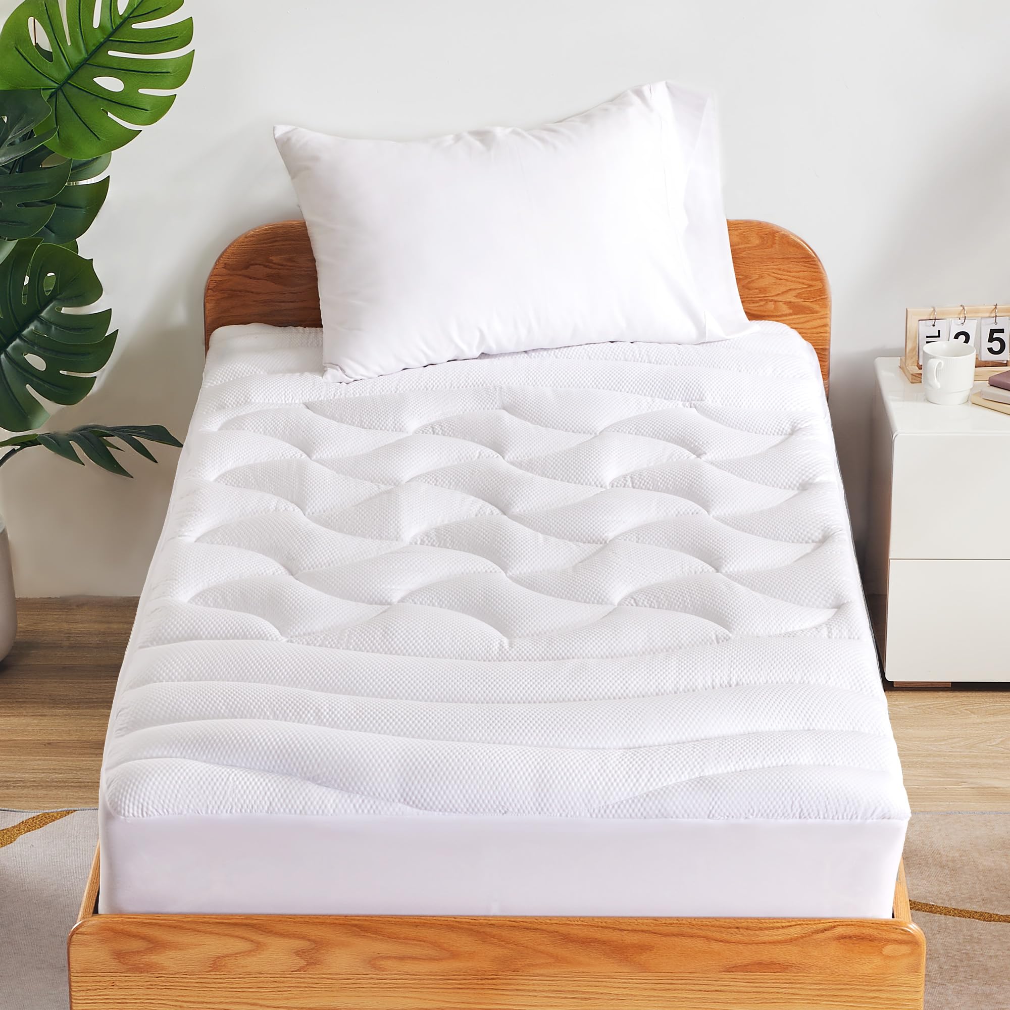 SLEEP ZONE Cooling Twin Mattress Topper for Single Bed, Premium Zoned Quilted Mattress Pad, Fitted Mattress Protector Cover, Machine Wash Durable, Deep Pocket 8-21 inch (White, Twin)