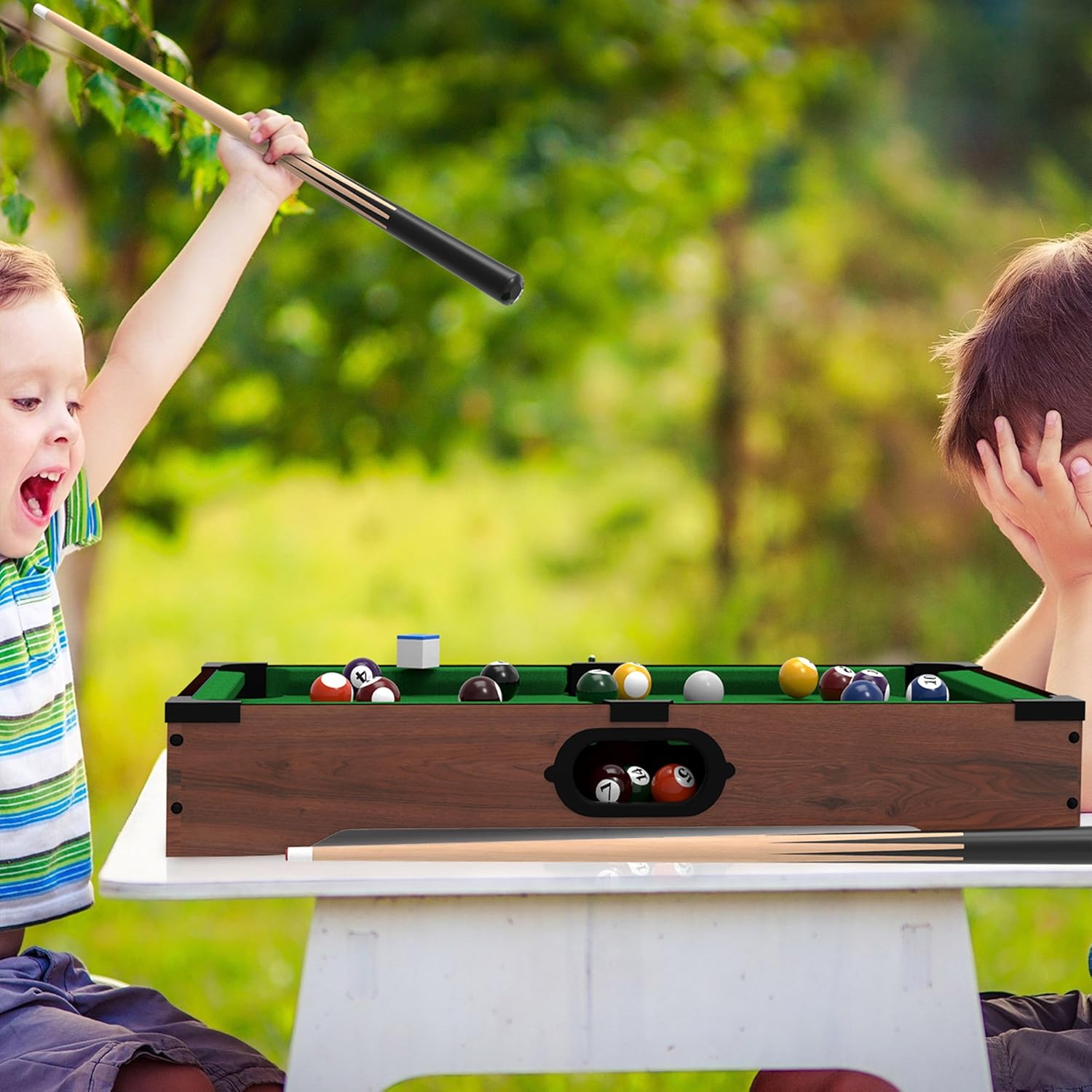 Mini Tabletop Pool Set- Billiards Game Includes Game Balls, Sticks, Chalk, Brush and Triangle-Portable and Fun for the Whole Family by Hey! Play!: Toys & Games