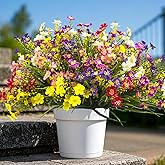 Grunyia 24 Bundles Artificial Faux Flowers Outdoor Plants for Autumn Summer Decoration,Fake Silk Realistic UV Resistant Colorful Daisy for Outside Home Porch Patio Balcony Yard Decor