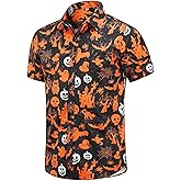EUOW Halloween Button Down Shirts for Men Fun Skeleton Printed Casual Short Sleeve Hawaiian Tropical Novelty Shirt