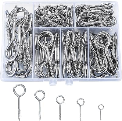 SZSLMY 105 Pcs Screw In Eye Hooks Set 25-60mm Carbon Steel Storage Box