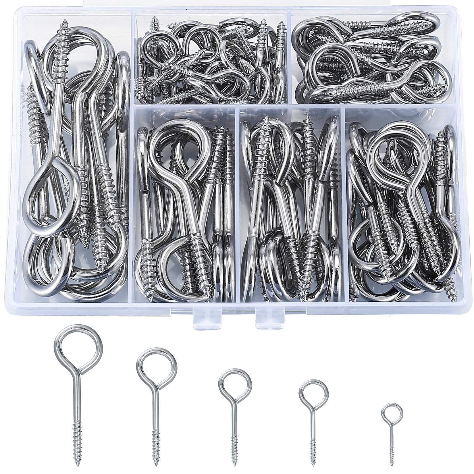 SZSLMY 105 Pcs Screw in Eye Hooks, Screw Eye Pins Hook, Eyelet Screws, Hooks and Eyes Set for Wood, Ring Wall Hangers, 25mm/35mm/40mm/50mm/65mm