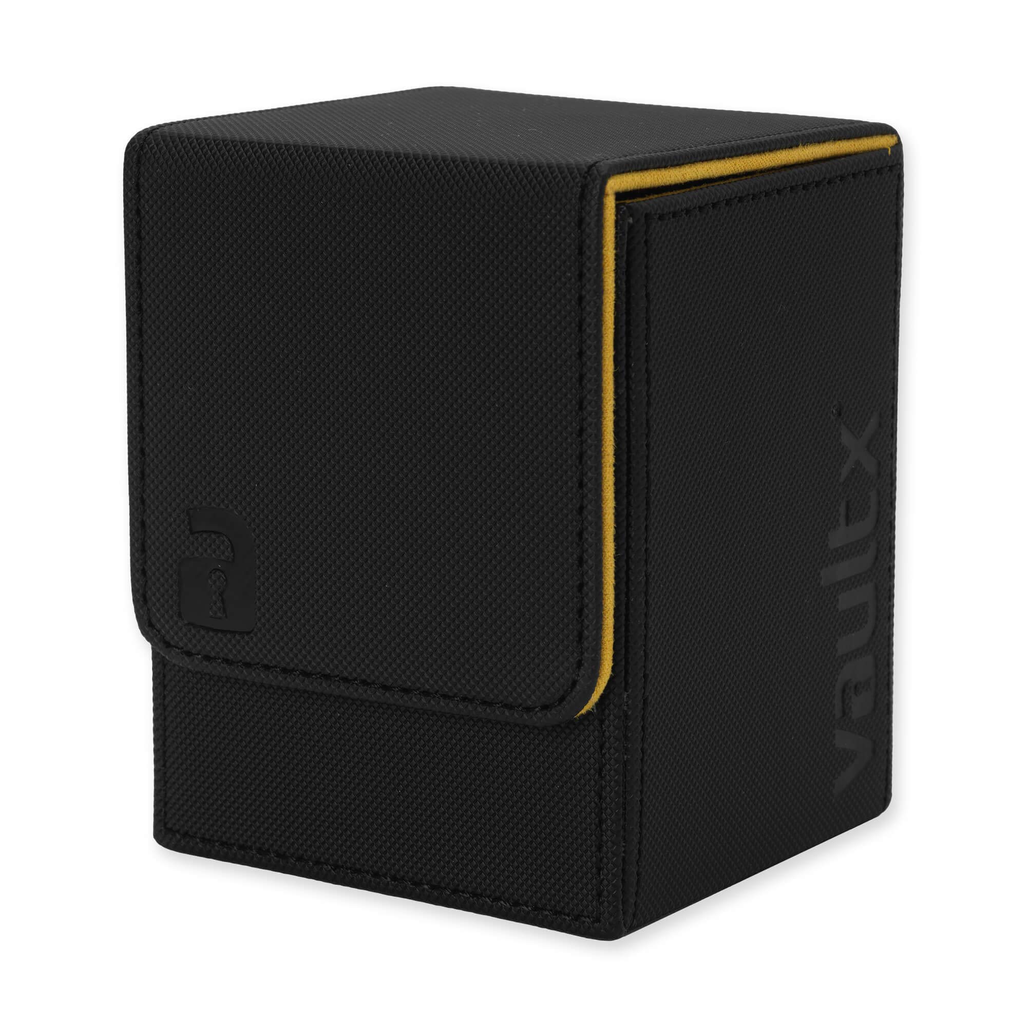 Vault X Trading Card Deck Box, 80+ sleeved cards, Premium Exo-Tec Material, Toploading Card Holder Storage Box, Magnetic Lid, for MTG Commander, TCG (Black/Yellow)