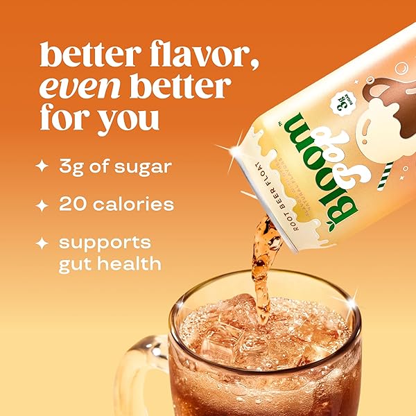 BLOOM POP PREBIOTIC SODA 12 PACK, ROOTBEER FLOAT FLAVOR, 12OZ CANS | PREBIOTIC SODA FOR GUT HEALTH, LOW CALORIE SODA, NO CAFFEINE, HEALTHY SOFT DRINK ALTERNATIVE