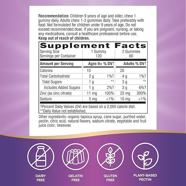 NATURE’S WAY ZINC GUMMIES, DAILY IMMUNE SUPPORT GUMMIES*, 100% DAILY VALUE ZINC PER GUMMY, MIXED BERRY FLAVORED, 120 GUMMIES (PACKAGING MAY VARY)