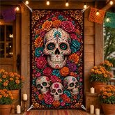 Day of the Dead Door Cover Halloween Party Decor for Front Porch Sugar Skull Floral Backdrop Washable Polyester Banner for Party Supplies