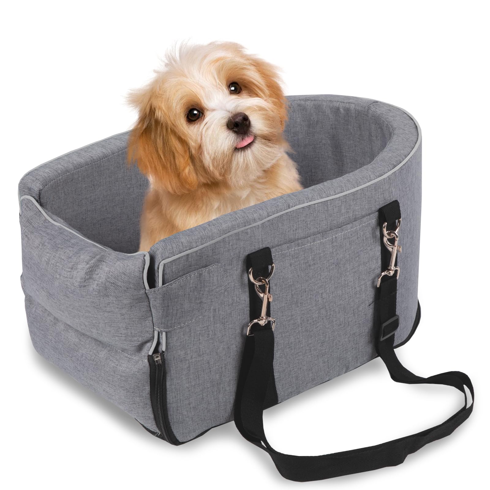 Photo 1 of Prpeko Dog Center Console Seat for Small Dogs & Puppies - Anti-Collapse Pet Car Seat with Soft Cushion, Safety Belt - Portable Armrest for Dogs & Cats Under 15 lbs(Grey)