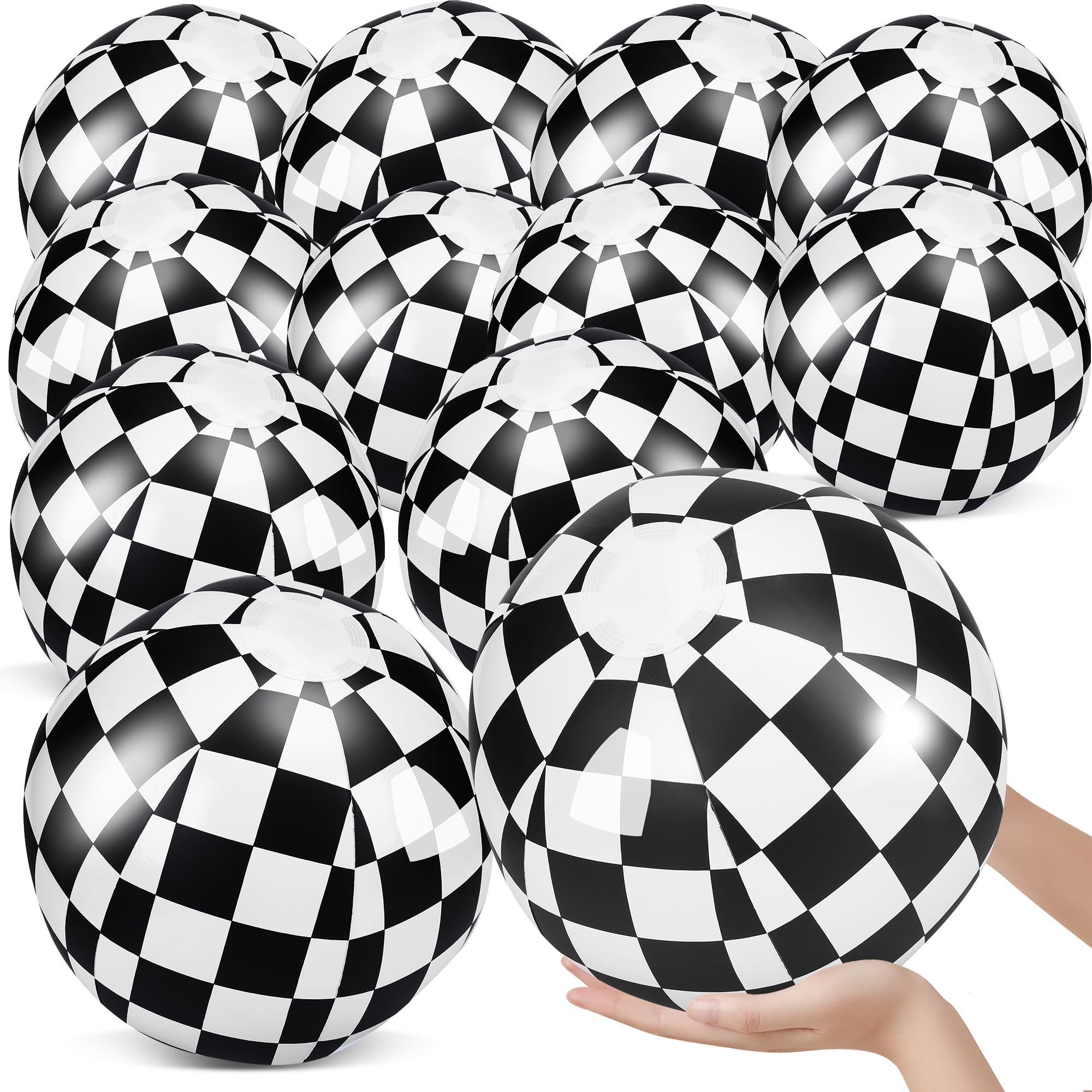 Photo 1 of 12 Pcs 12" Large Black and White Beach Ball Checkered Flag Themed Beach Ball Bulk Party Supplies for Race Car Hot Wheels Summer Pool Birthday Party End of The Year Class Decorations Favor