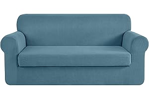 CHUN YI Stretch Loveseat Sofa Slipcover 2 Piece Sofa Cover, 2 Seater Couch Slipcover Coat Soft Washable Furniture Covers with Elastic Bottom, Checks Spandex Jacquard Fabric, Medium, Smoky Blue