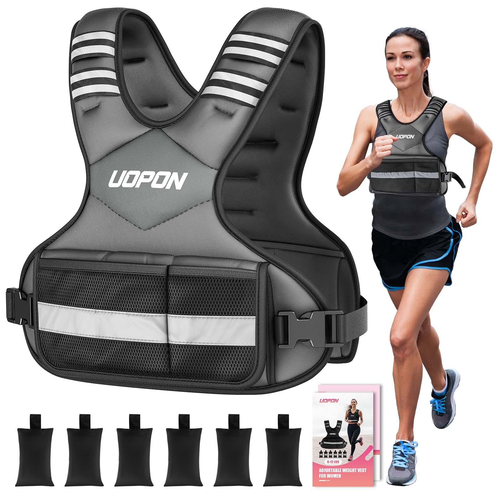 Photo 1 of Adjustable Weighted Vest for Women, 6-12 Lbs Rucking Vest with 6 Ironsand Weights, Great Weighted Vest with Plus Pockets & Reflective Strips for Running, Walking, Workout and Strength Training