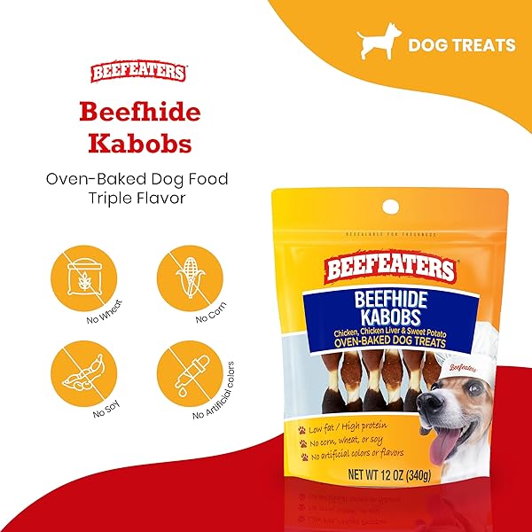 BEEFEATERS BEEFHIDE KABOBS 12OZ – DOG TREAT. TRIPLE FLAVOR WITH REAL CHICKEN, LIVER & SWEET POTATO, LONG-LASTING CHEW, SUPPORTS DENTAL HEALTH, IDEAL FOR TRAINING