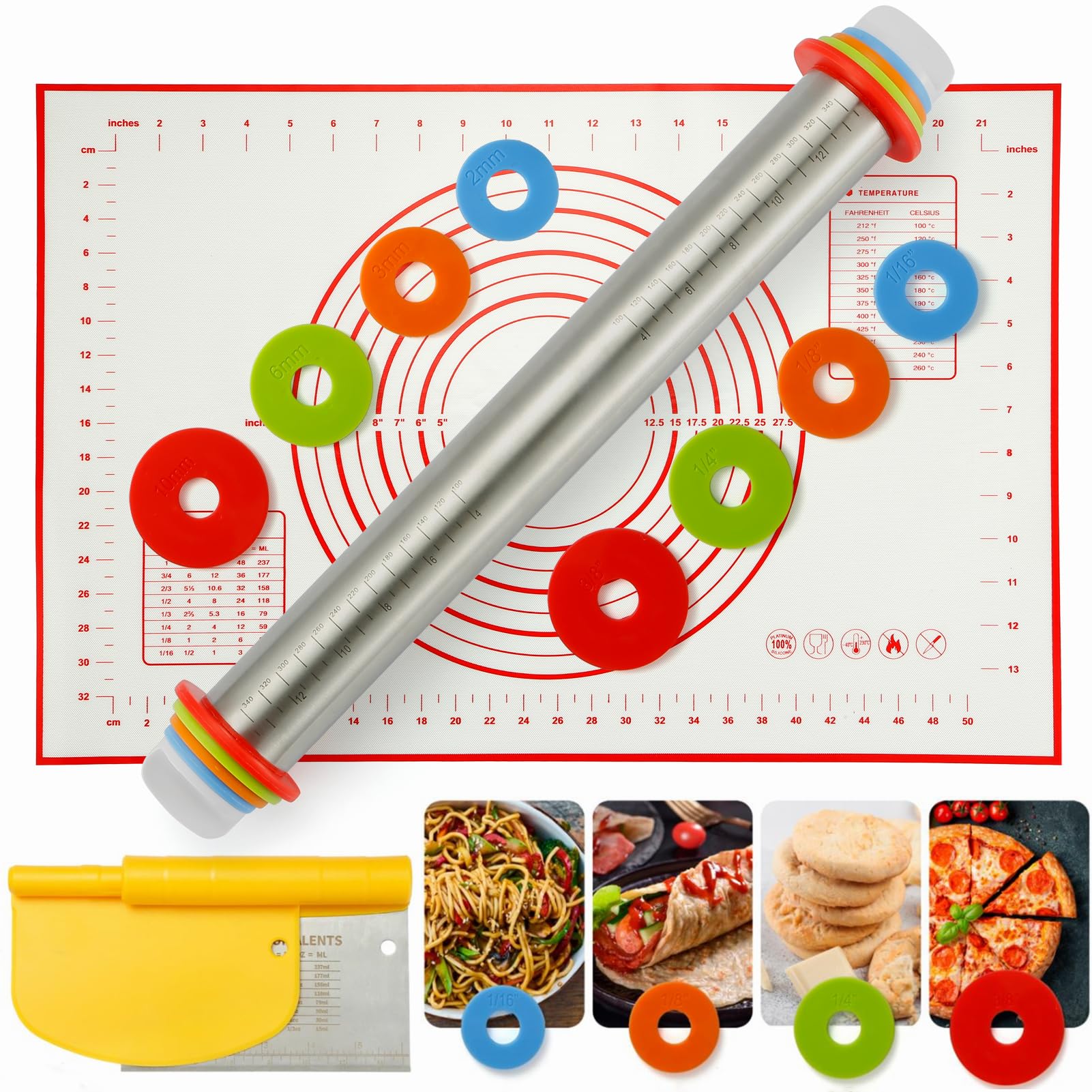 Photo 1 of MIKULA Rolling Pin, Rolling Pins Thickness Rings and Silicone Baking Pastry Mat Set, Stainless Steel Dough Roller Rolling Pins for Baking & Bench Scraper For Pizza, Cookies, Pie, Pasta, Pastries