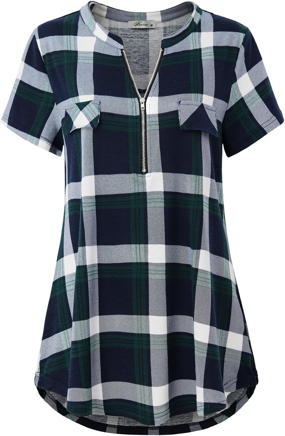 Women's Zip Up V Neck Short Sleeve Casual Tunic Shirt