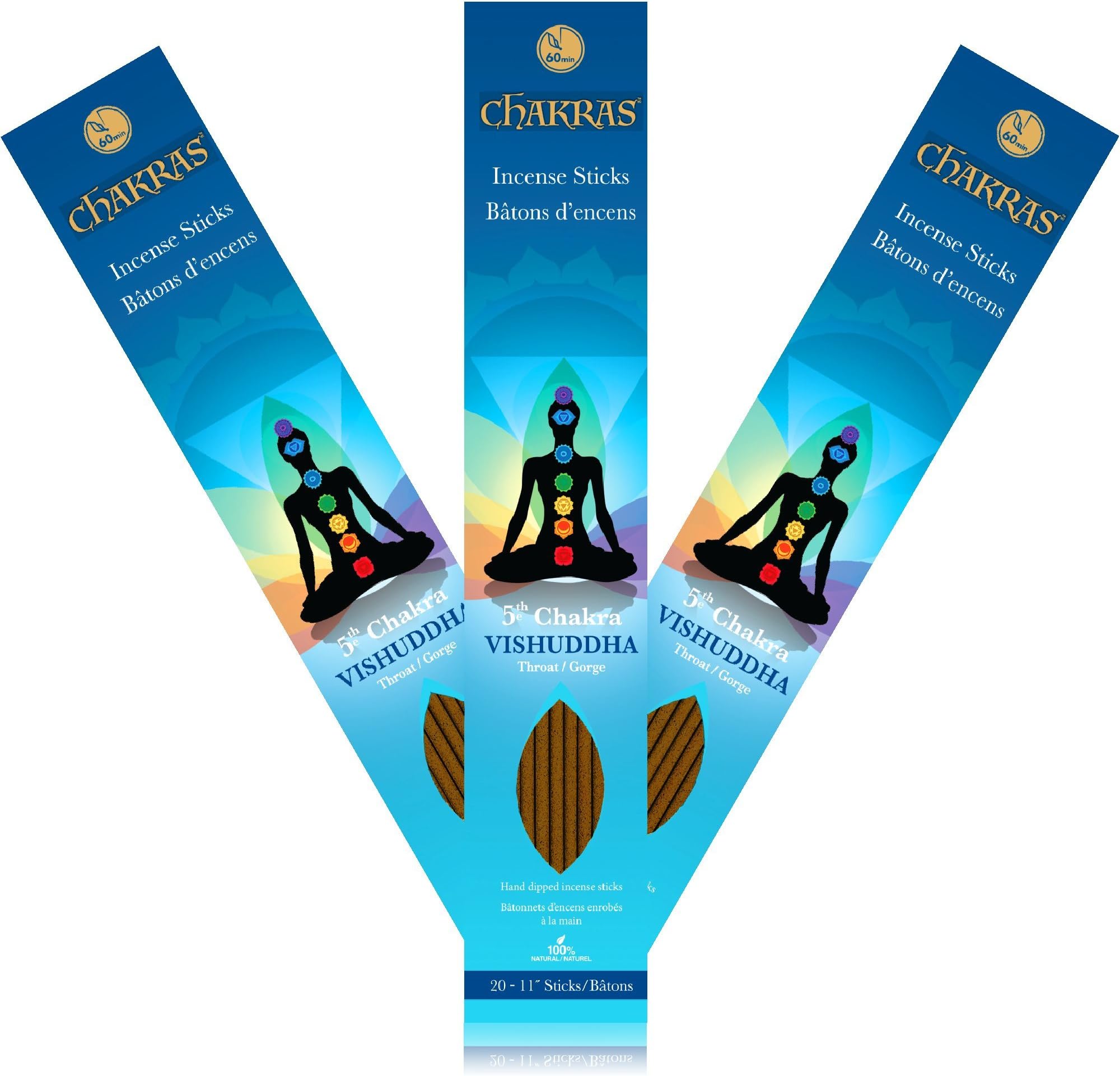 7 Chakras - 5 Vishuddha - Throat - Communication - Primary Aromas are Frankincense & Peppermint - 11 inch - 60 Minutes - 3X 20-Pack - 100% Natural Hand Dipped Incense Sticks