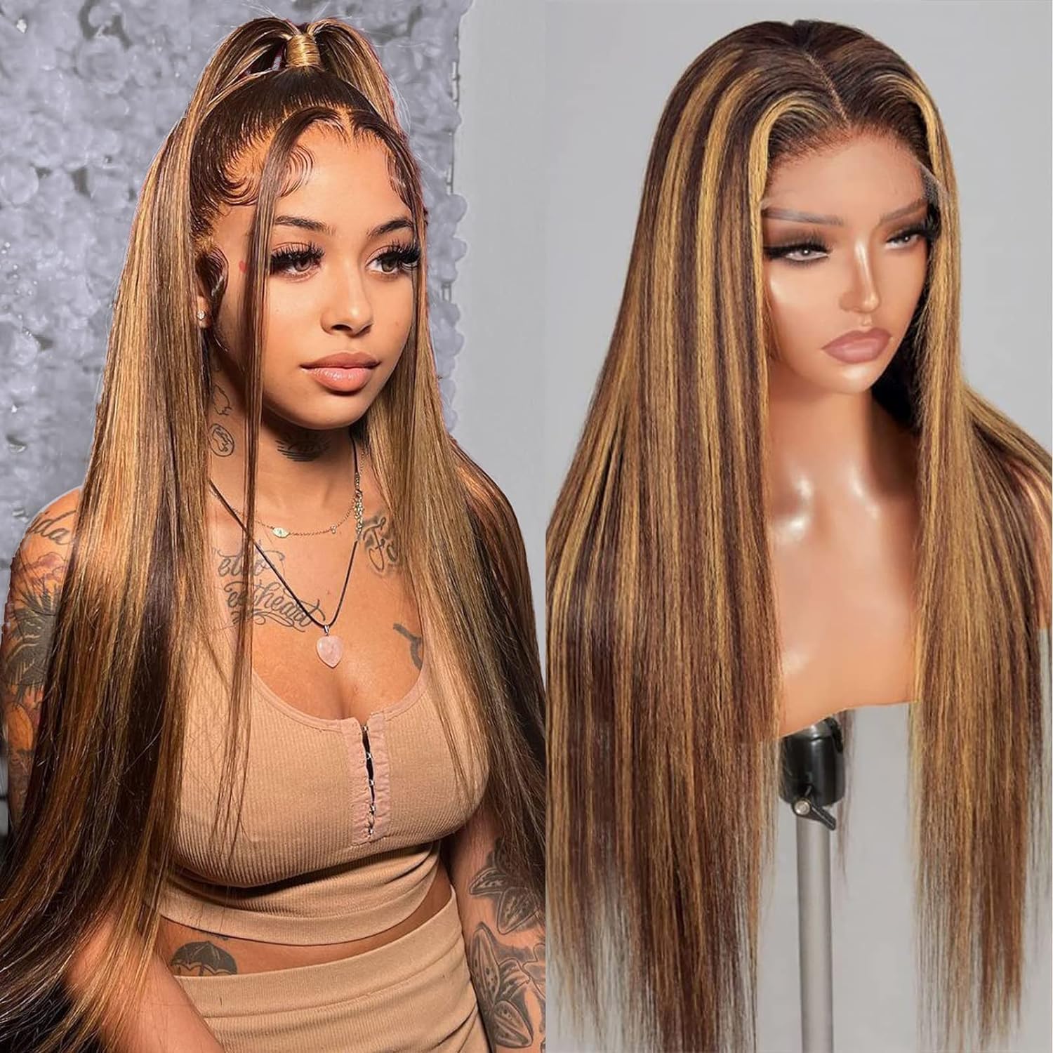 Photo 1 of Peenoll Highlight Dark Brown Chocolate P4/30 Straight Wave Wig Glueless Wigs Human Hair Pre Plucked Pre Cut Lace Closure Glueless Wigs Elastic Band 200% Density