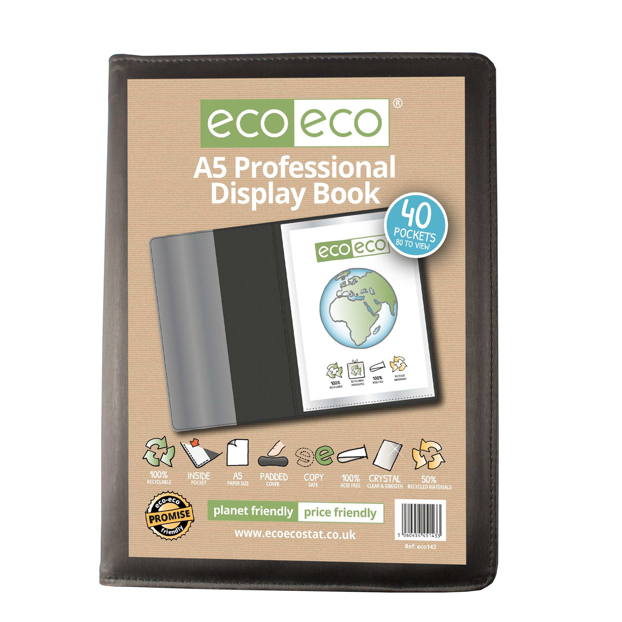 eco-eco A5 50% Recycled 40 Pocket Black Professional Business Display Book, Padded Portfolio Art Folder with Plastic Sleeves, eco143