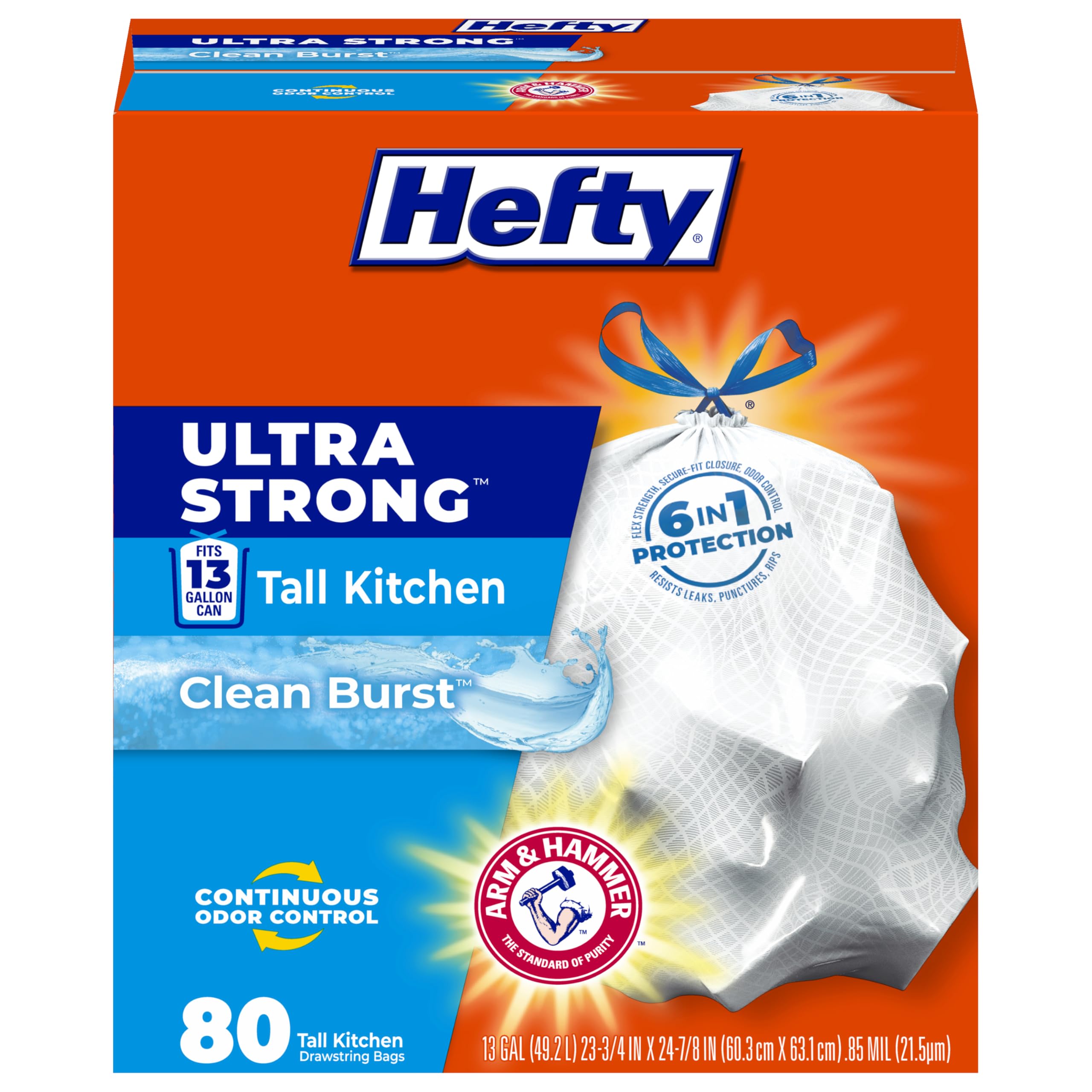 Hefty Ultra Strong 13 Gal Kitchen Trash Bags, White, Clean Burst, 80ct