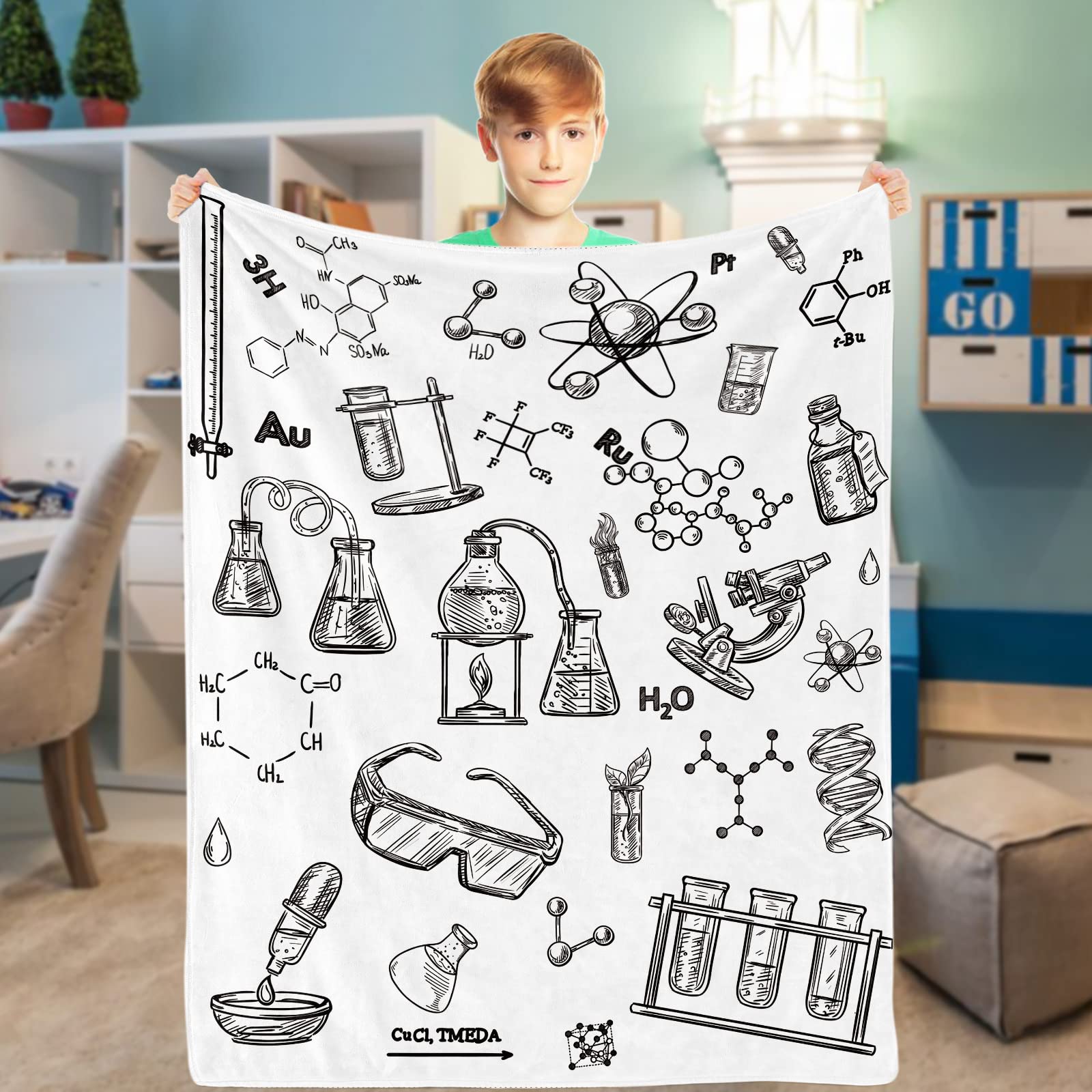 Domgoge Science Throw Blanket Cozy Soft Hand Drawn Style Chemistry Fleece Flannel Blankets Education Laboratory Illustration mulas Gifts, 101x127 cm, Chemistry-white, 101 x 127 cm