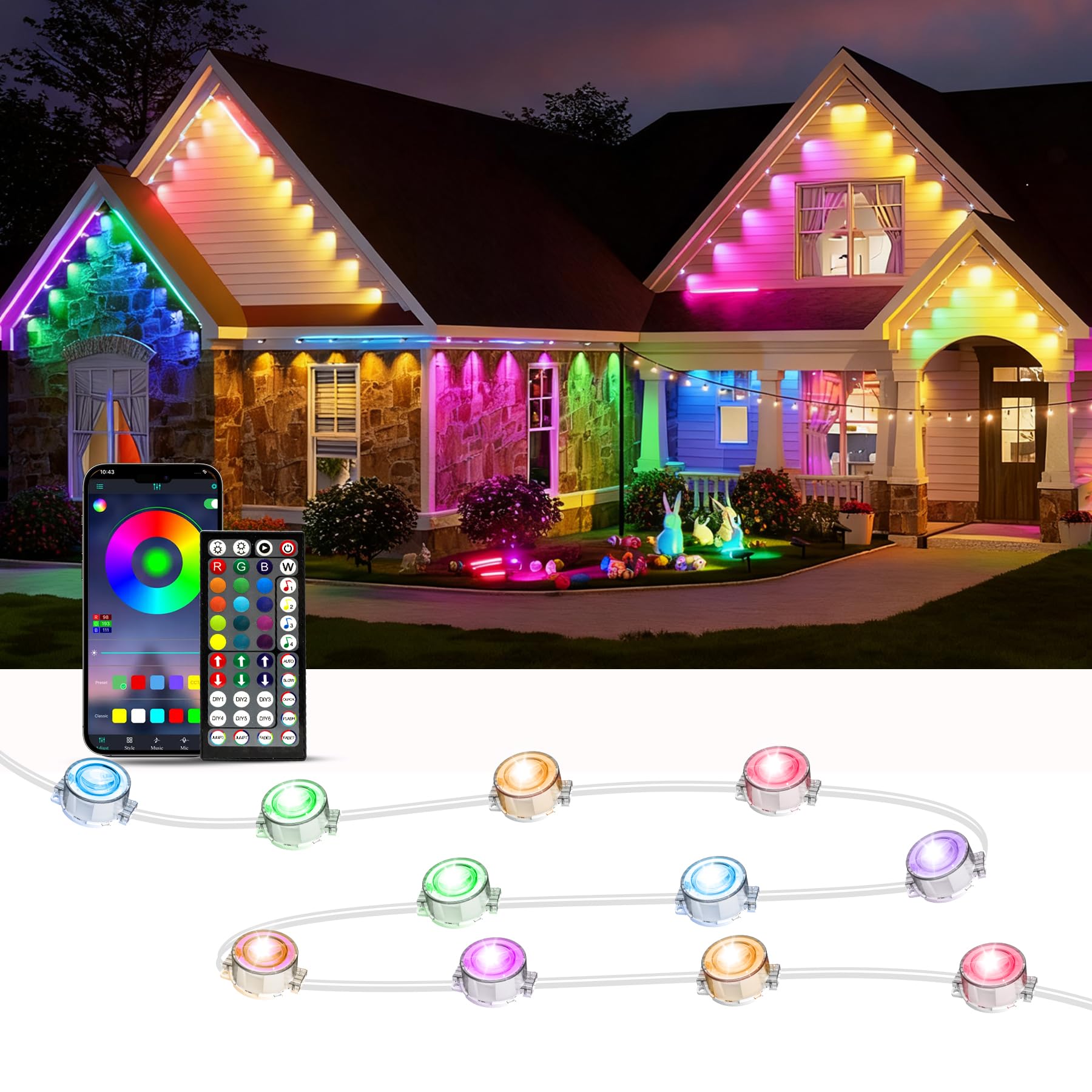 Photo 1 of aiicrgb RGB Permanent Outdoor Lights, 200FT LED Eaves Lights with Smart App Remote Control, IP67 Waterproof, Music Sync, Timing Function for Christmas, Party, All Holiday Decorations