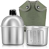 Military Canteen Cookware Set Include 1 QT Military Army Aluminum Alloy Canteen 0.5 QT Multi-Functional Water Bottle with Grab Handled Cup Green Canvas Cover Bag for Outdoor Camping Hiking