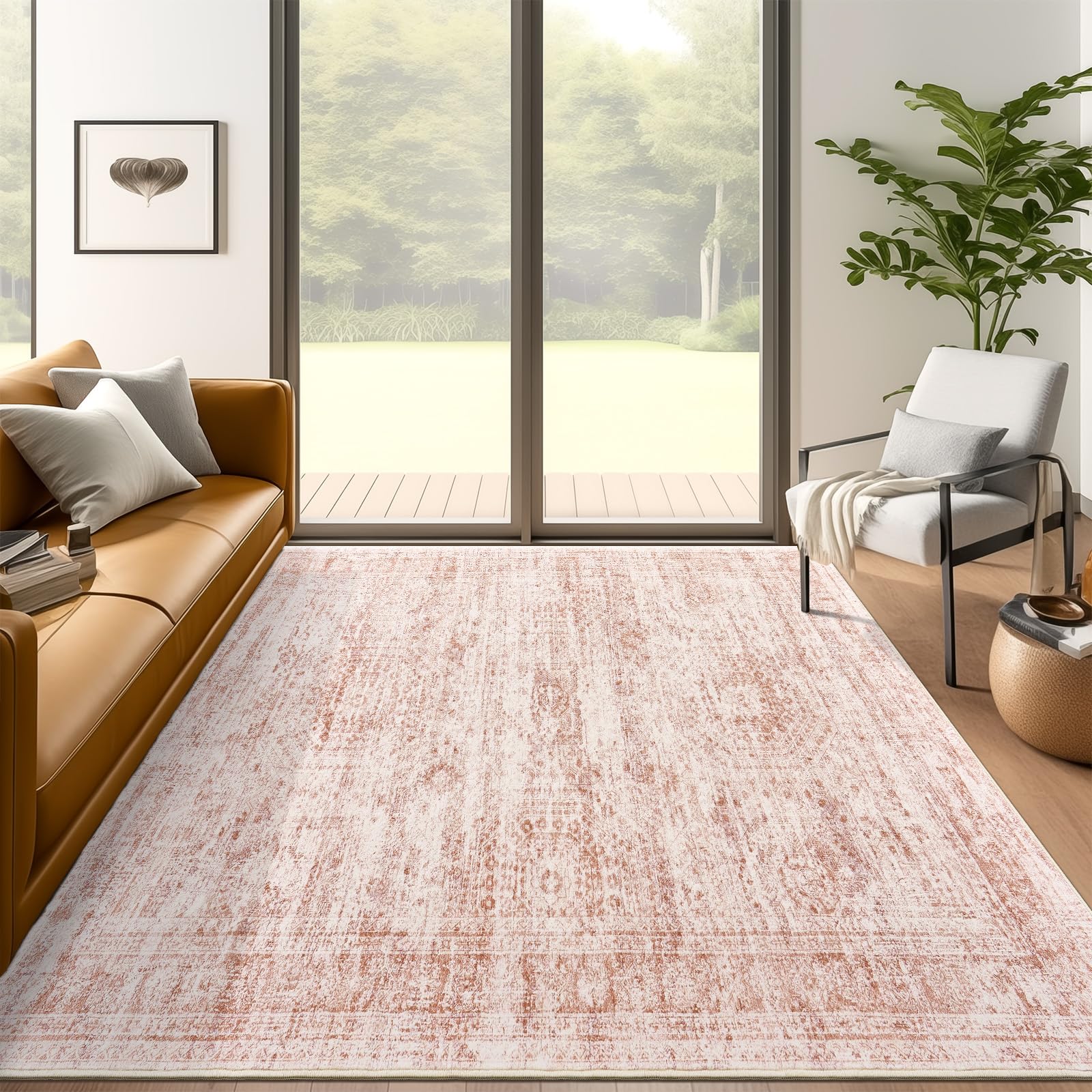 Photo 1 of Soalmost 5x7 Area Rugs Pink Low Pile Indoor Washable Trendy Faded Style Rugs for Bedroom Living Room Dining Room Foldable Non-Slip Thin Print Mat