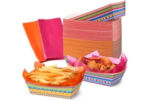 Dispowreath 50 Set Mexican Food Trays with Wax Paper Fiesta Trays Disposable Nacho Snack Boats Paper Food Holder for Mexican Birthday Party Baby Shower Decorations Cinco De Mayo Supplies(Classic)