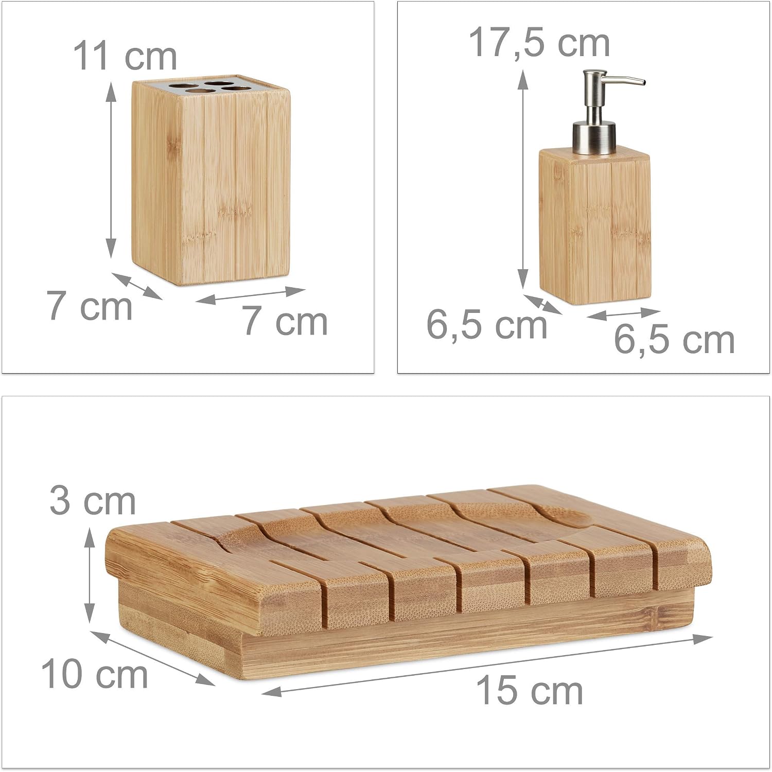 Relaxdays Bamboo Bathroom Accessories Set of 3, Soap Dispenser, Soap Dish and Toothbrush Holder, Natural, 10 x 15 x 17.5 cm - Image 5