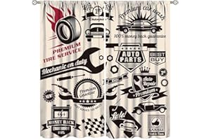 ZHIRAIN Retro Man Curtains, Car Repair Shop Logos Monochrome Car Silhouettes Best Garage in Town, Living Room Bedroom Blackout Rod Pocket Window Drapes 2 Panel Set 42x45 Inch
