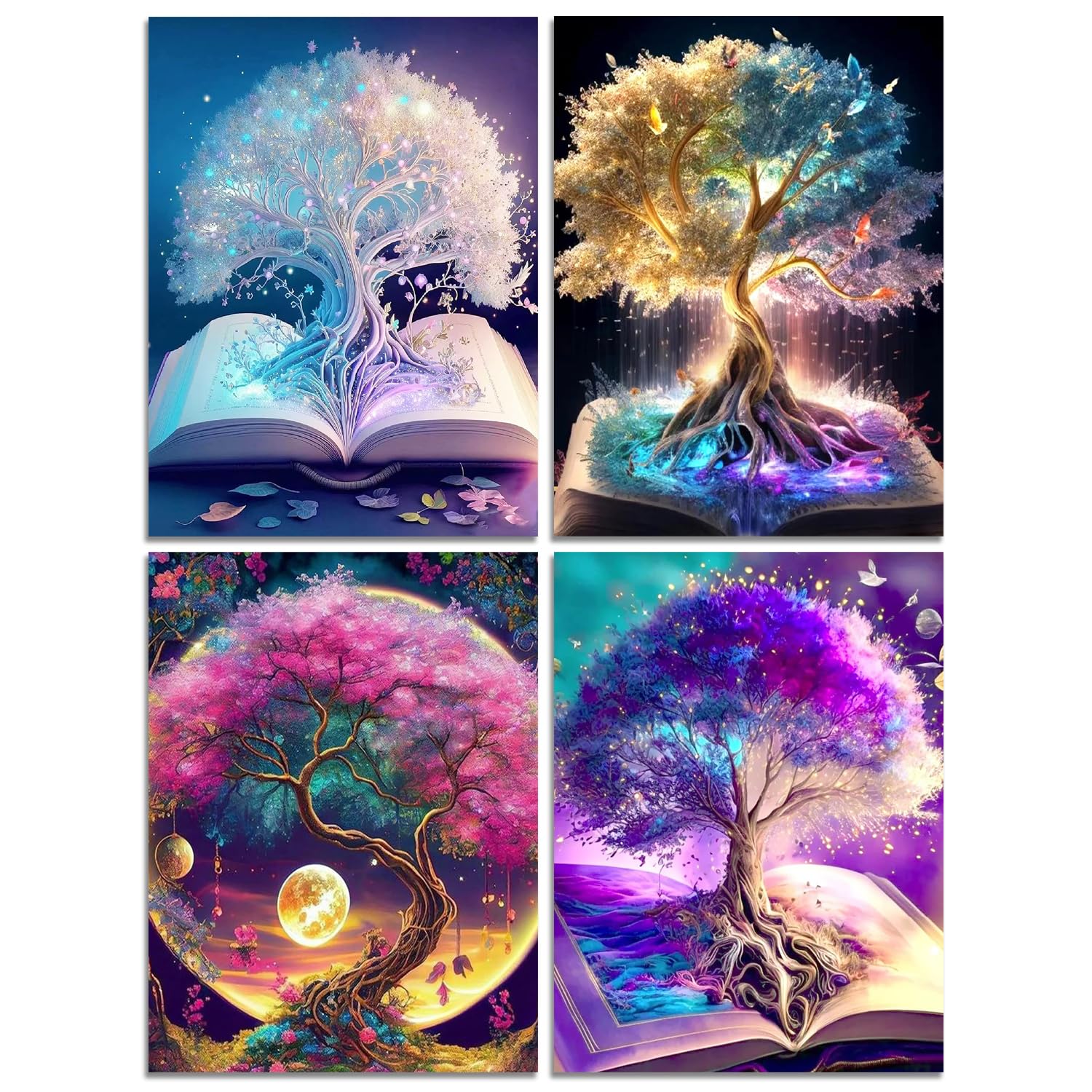 Muzagroo Art Diamond Painting Kits for Adults, DIY 5D Diamond Art Kits for Beginners, Tree of Life Canvas Arts and Crafts for Living Room, Kids Room 4 PCS Wall Art