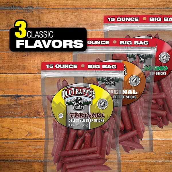 OLD TRAPPER DELI-STYLE BEEF STICKS, TERIYAKI FLAVOR, 15-OUNCE PACKAGE, GREAT FOR ON-THE-GO SNACKING, SIX GRAMS OF PROTEIN AND LESS THAN ONE GRAM OF SUGAR PER SERVING (PACK OF ONE)